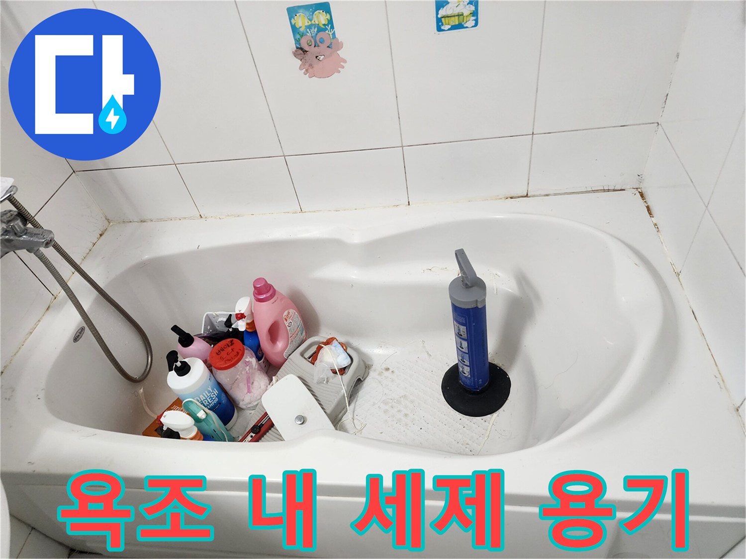 욕조 안에 모여 있는 다양한 세정제 통들