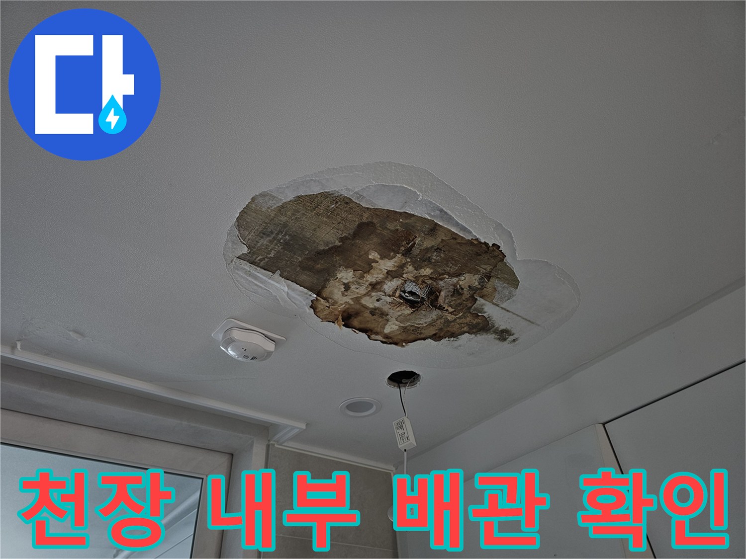 주방 천장 틈새-배수 파이프 연결 부위 점검 중