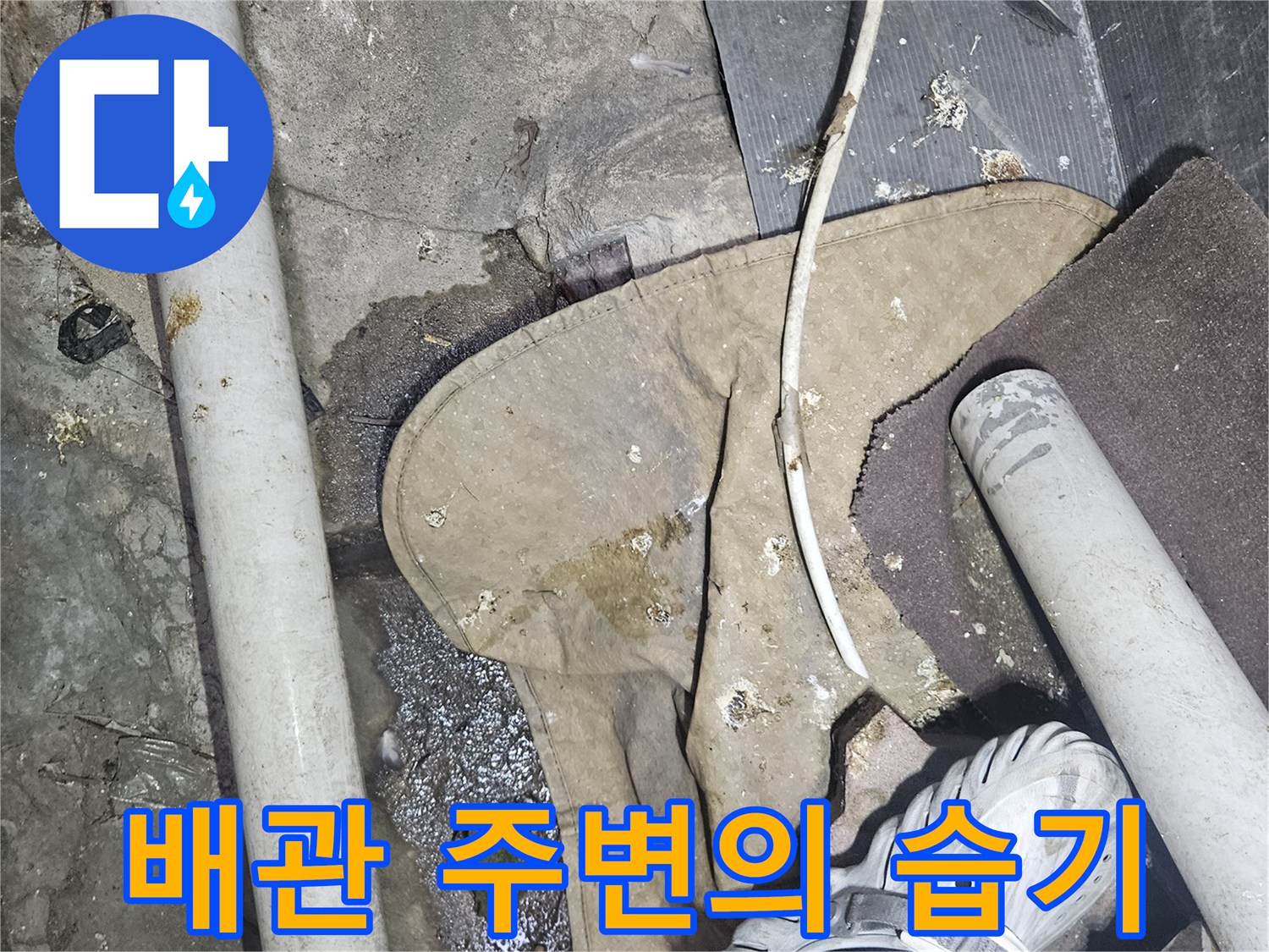 습기가 가득한 바닥 마감재와 노후된 파이프