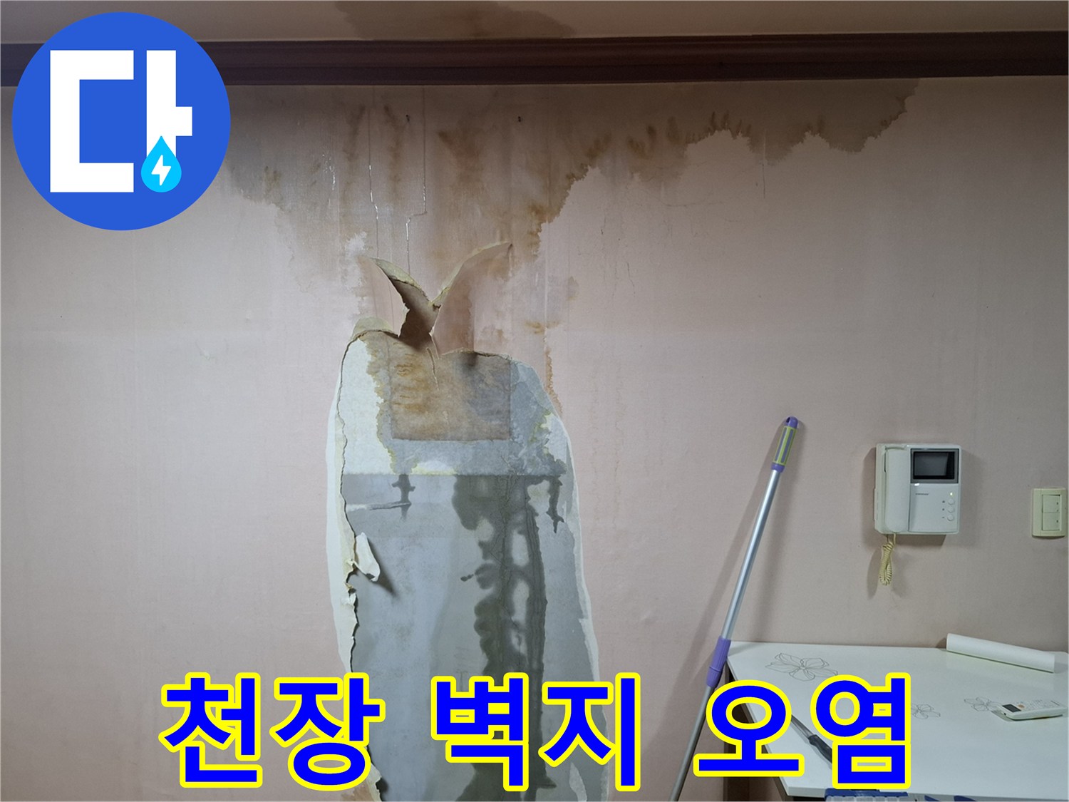 천장-상단부의-축축한-누수-흔적과-얼룩