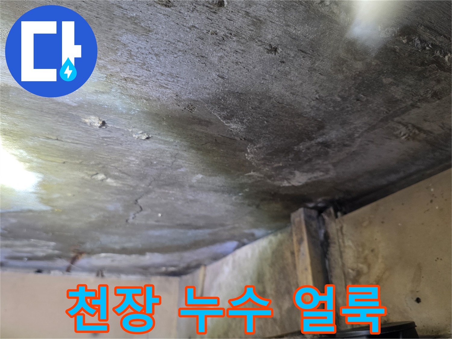 물기가 스며들어 어둡게 변한 천장 마감재 표면