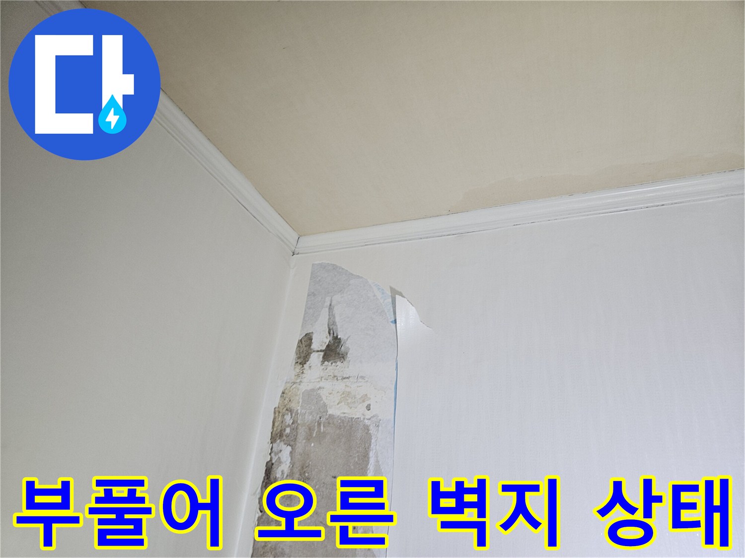 습기 침투 흔적-들뜨고 젖은 벽면 도배지
