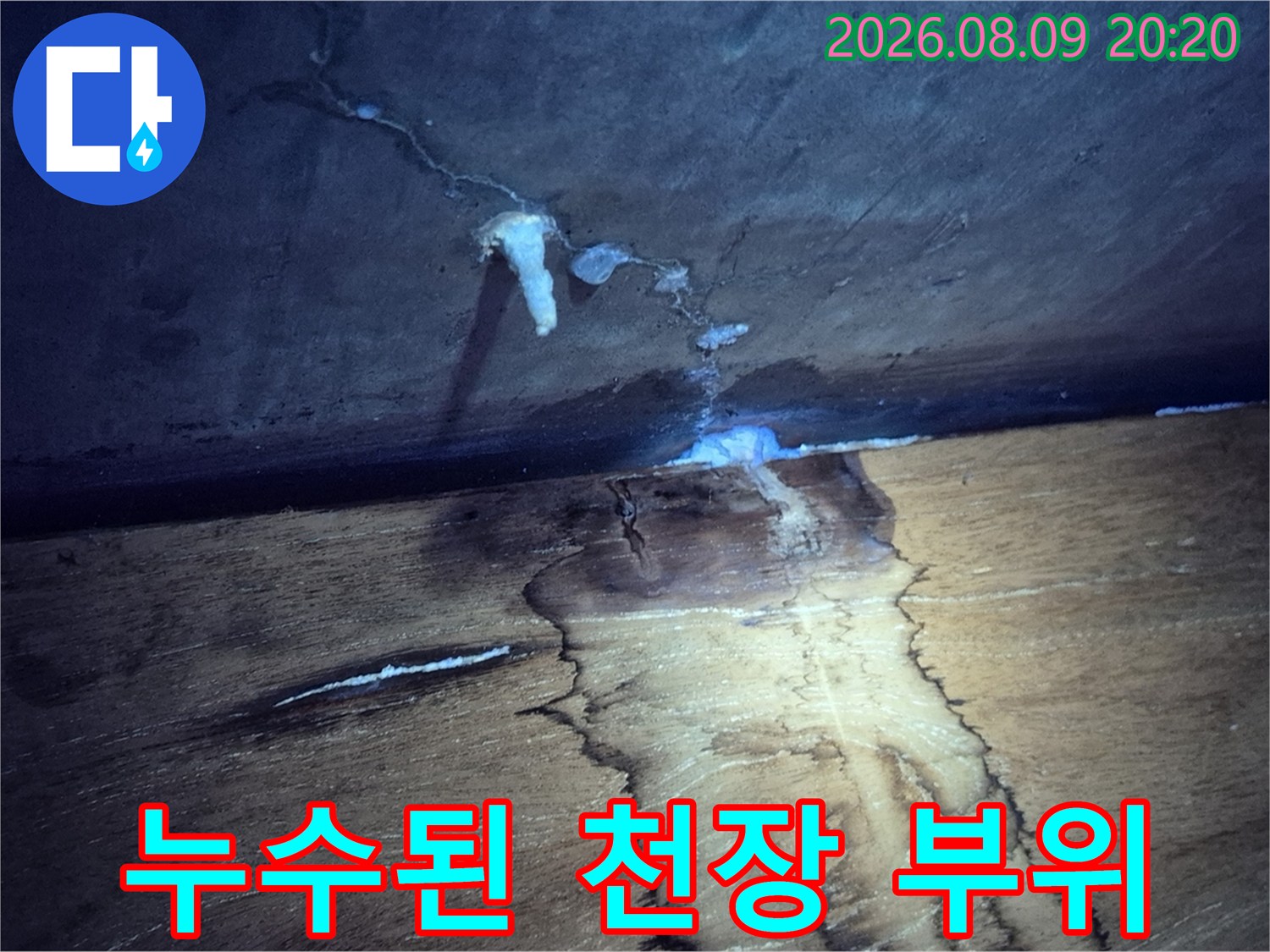 천장 마감재에 나타난 물샘 흔적과 젖은 부위