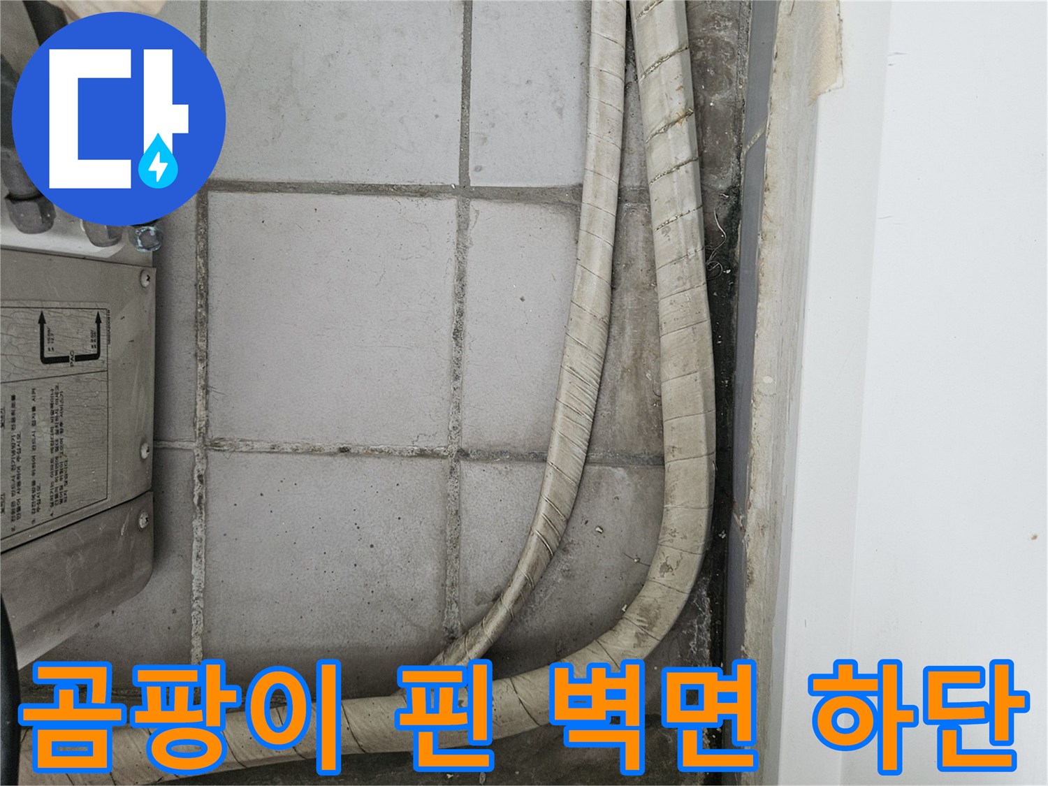 베란다 벽면 경계 - 습기로 인해 곰팡이가 번진 타일과 배관 주변