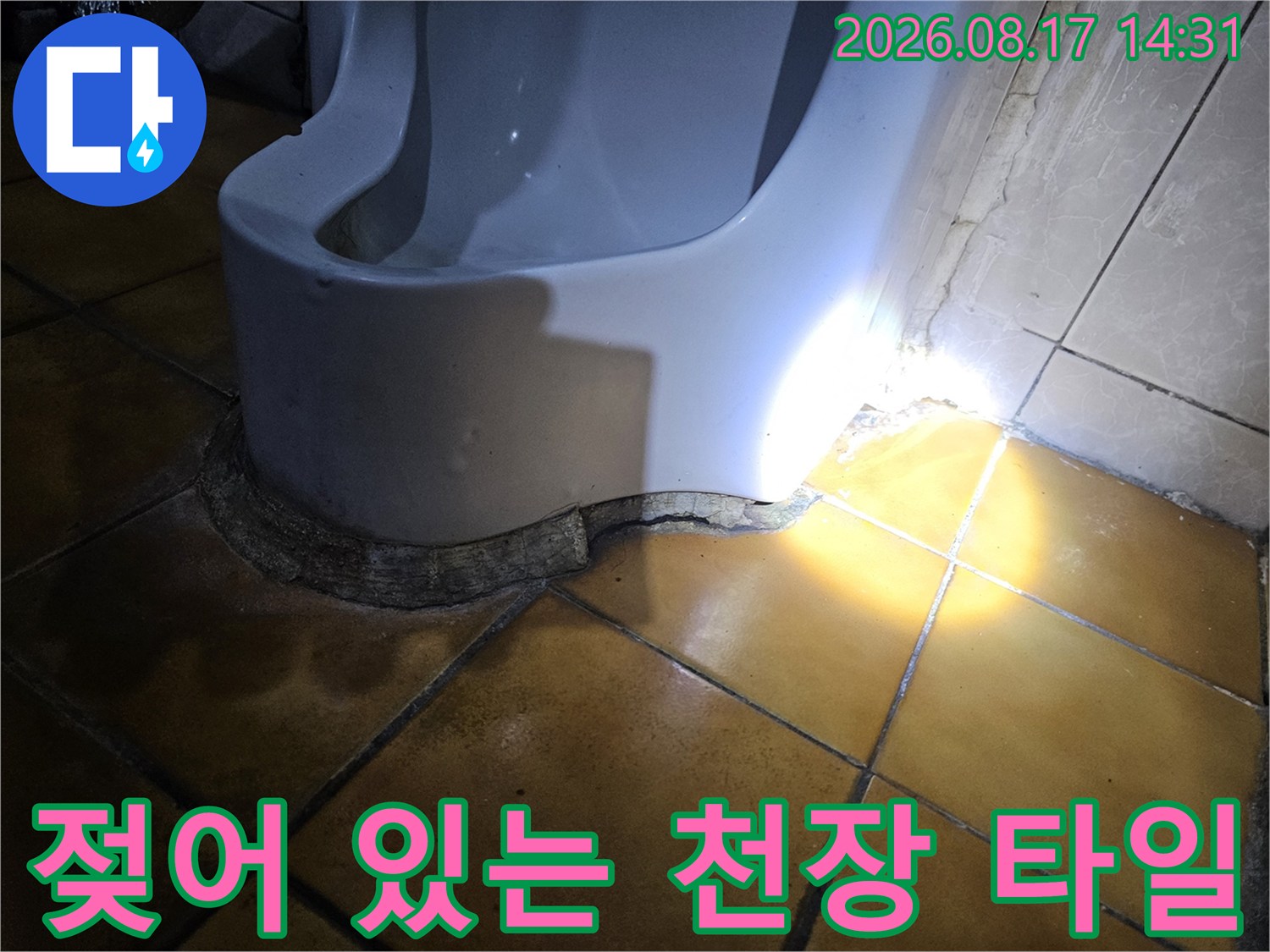 가락 누수 현장의 젖은 상태인 천장 타일 부위