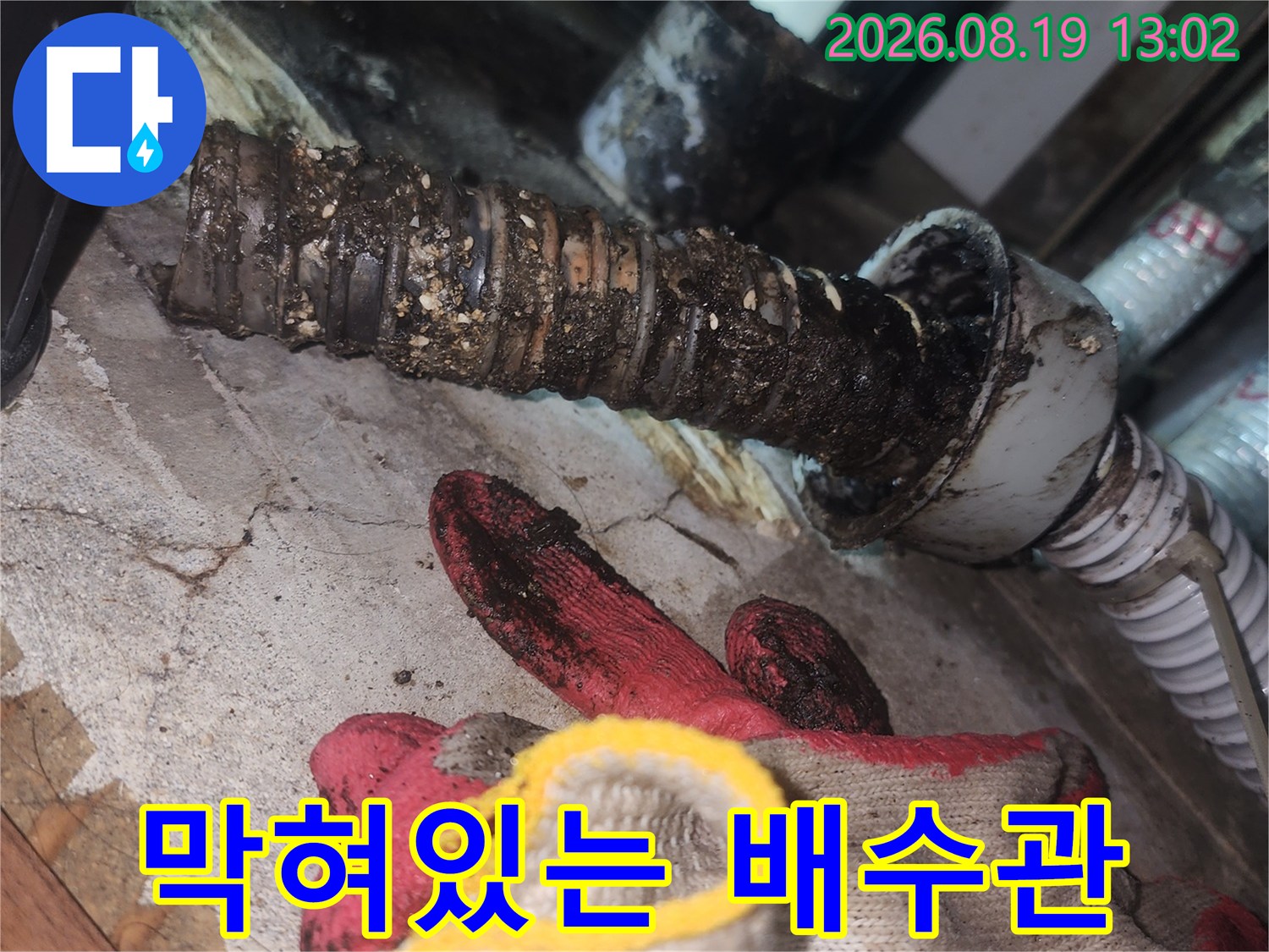 꽉 막힌 싱크대 하부 배수관의 모습