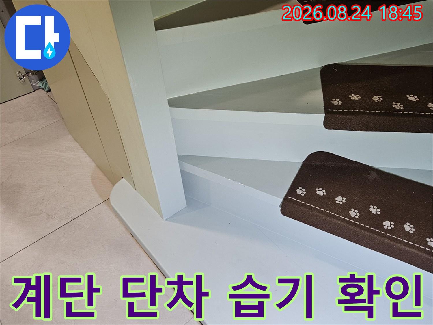 계단 단차 사이의 젖은 흔적을 촬영한 누수 점검 사진