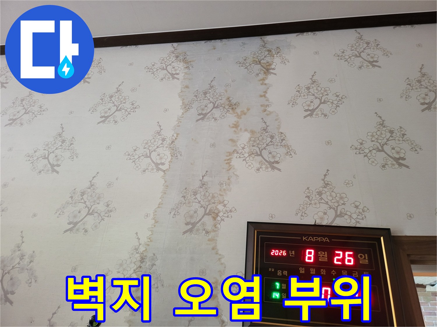 누수로 인해 얼룩진 벽지의 상세 모습