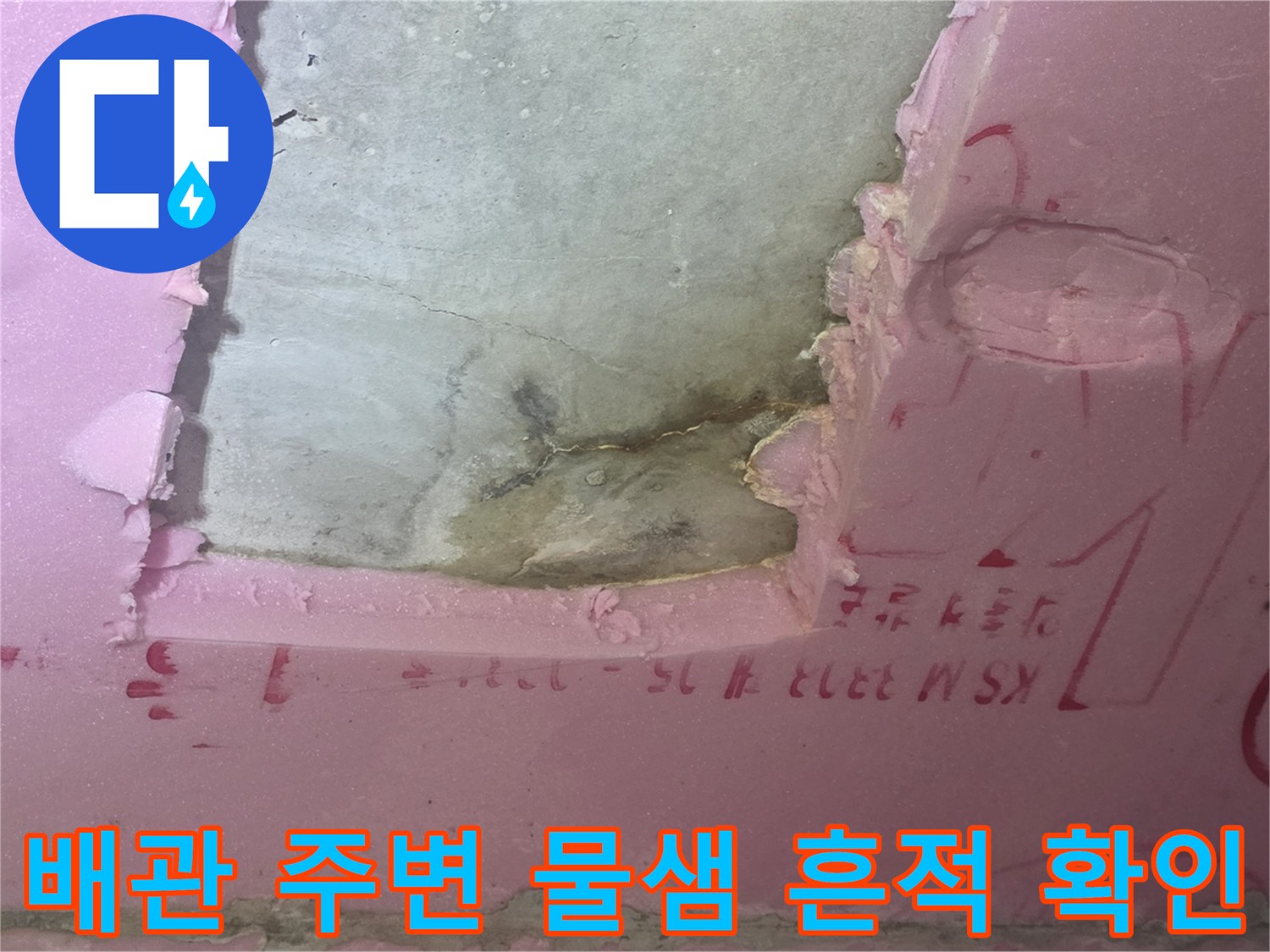 분홍색 단열재 내부의 젖은 콘크리트 부위 사진