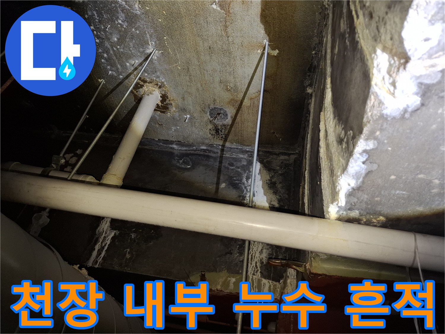 천장 텍스 안쪽-젖어 있는 배관과 습기가 침투한 마감재 부위