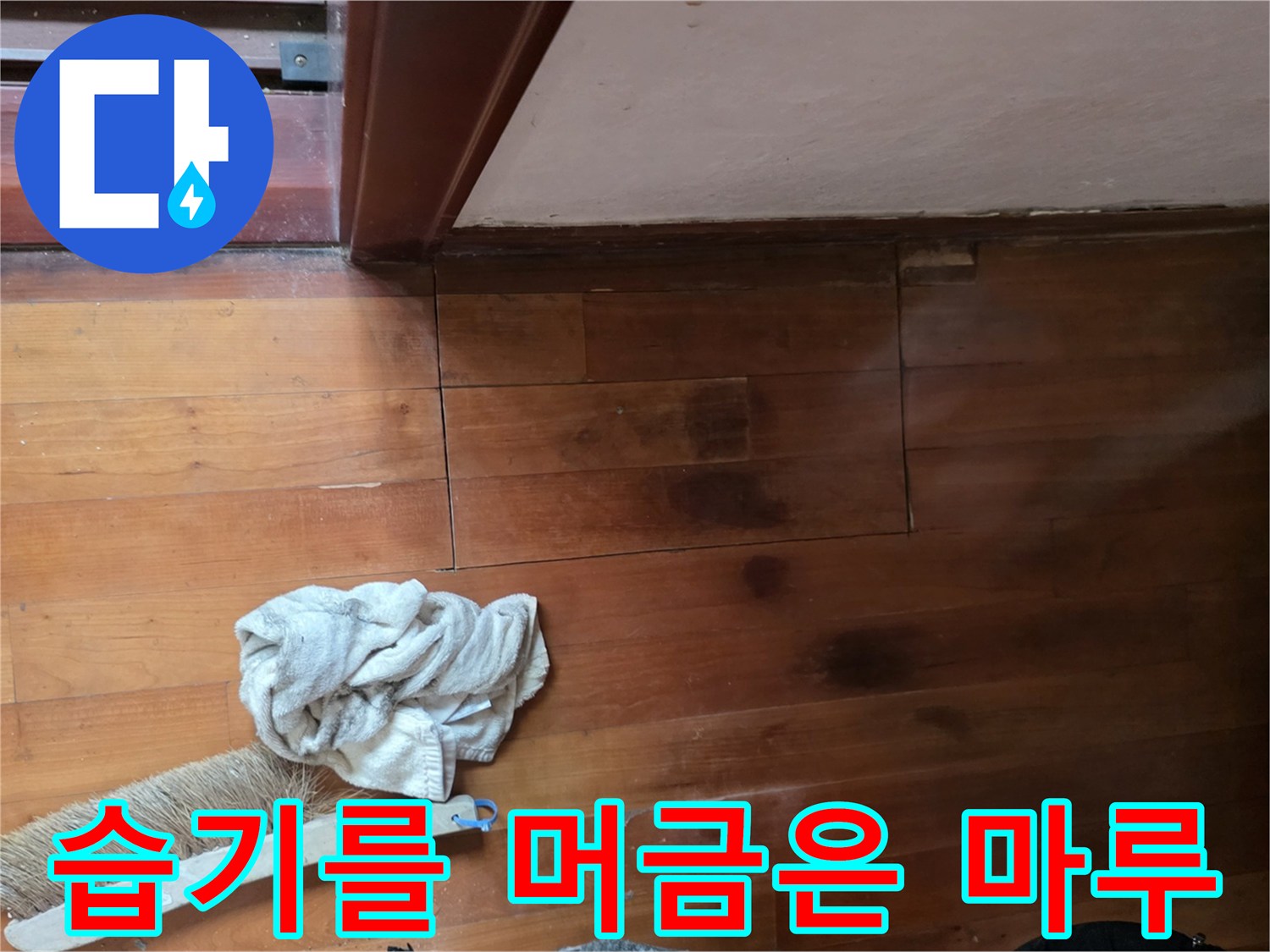 물기에 의해 어둡게 변한 거실 바닥재