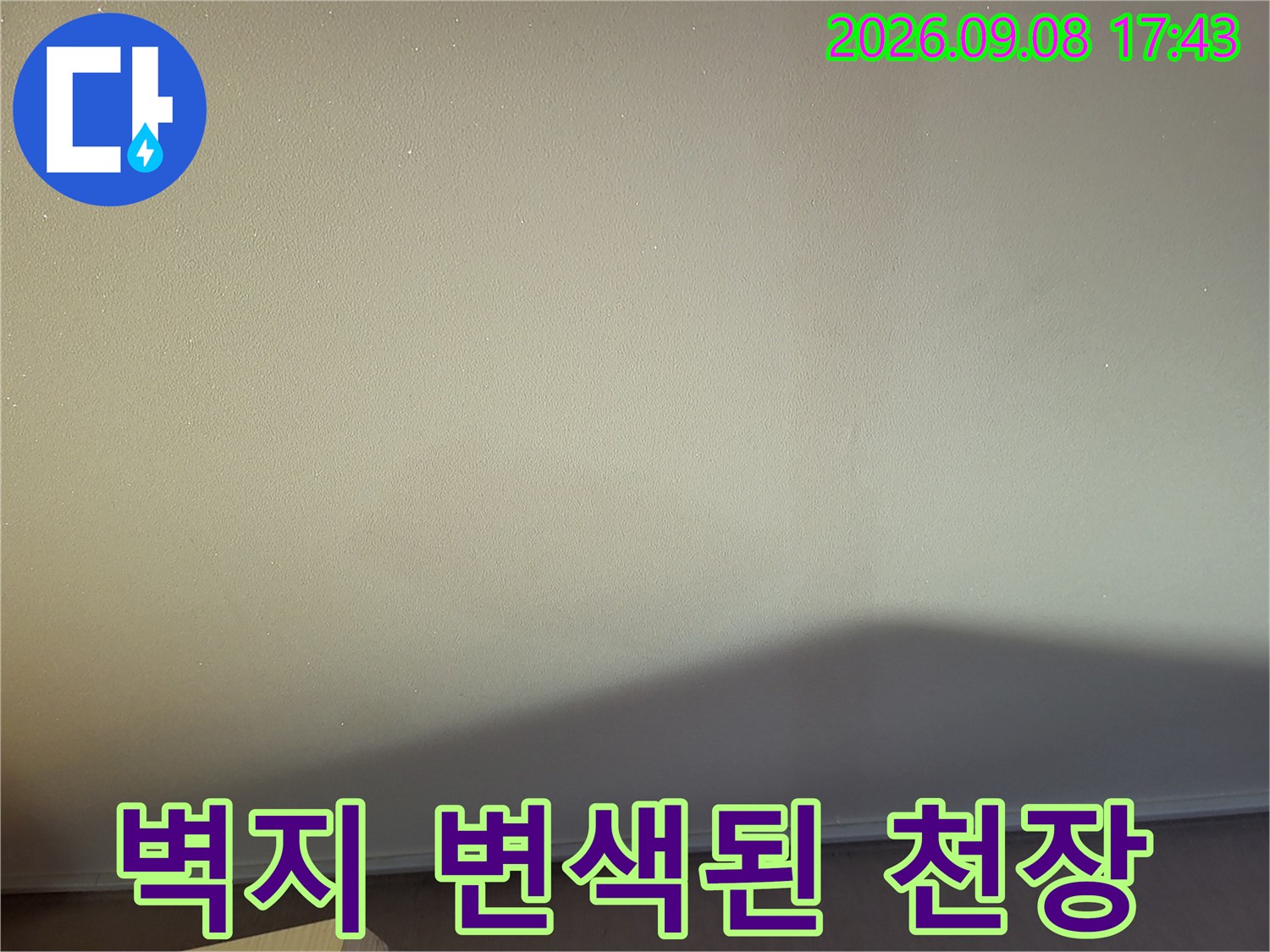 중곡동 현장-천장 벽지가 젖어 변색된 모습