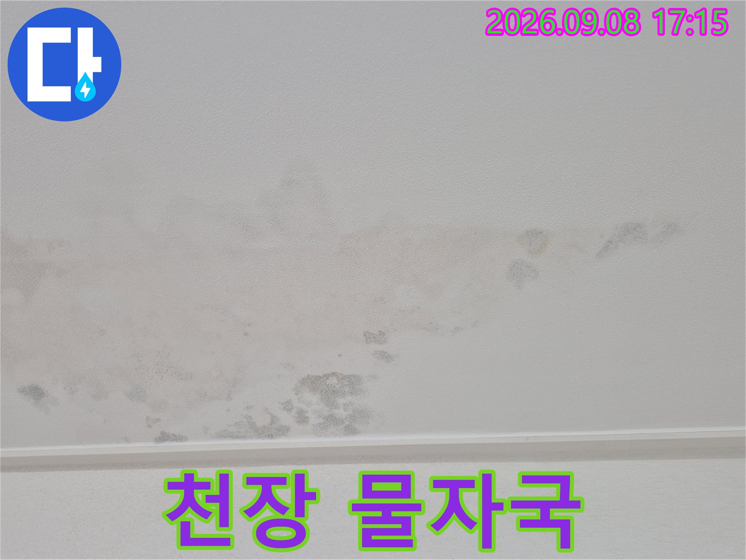 누수 흔적이 남은 천장 도배지 부위
