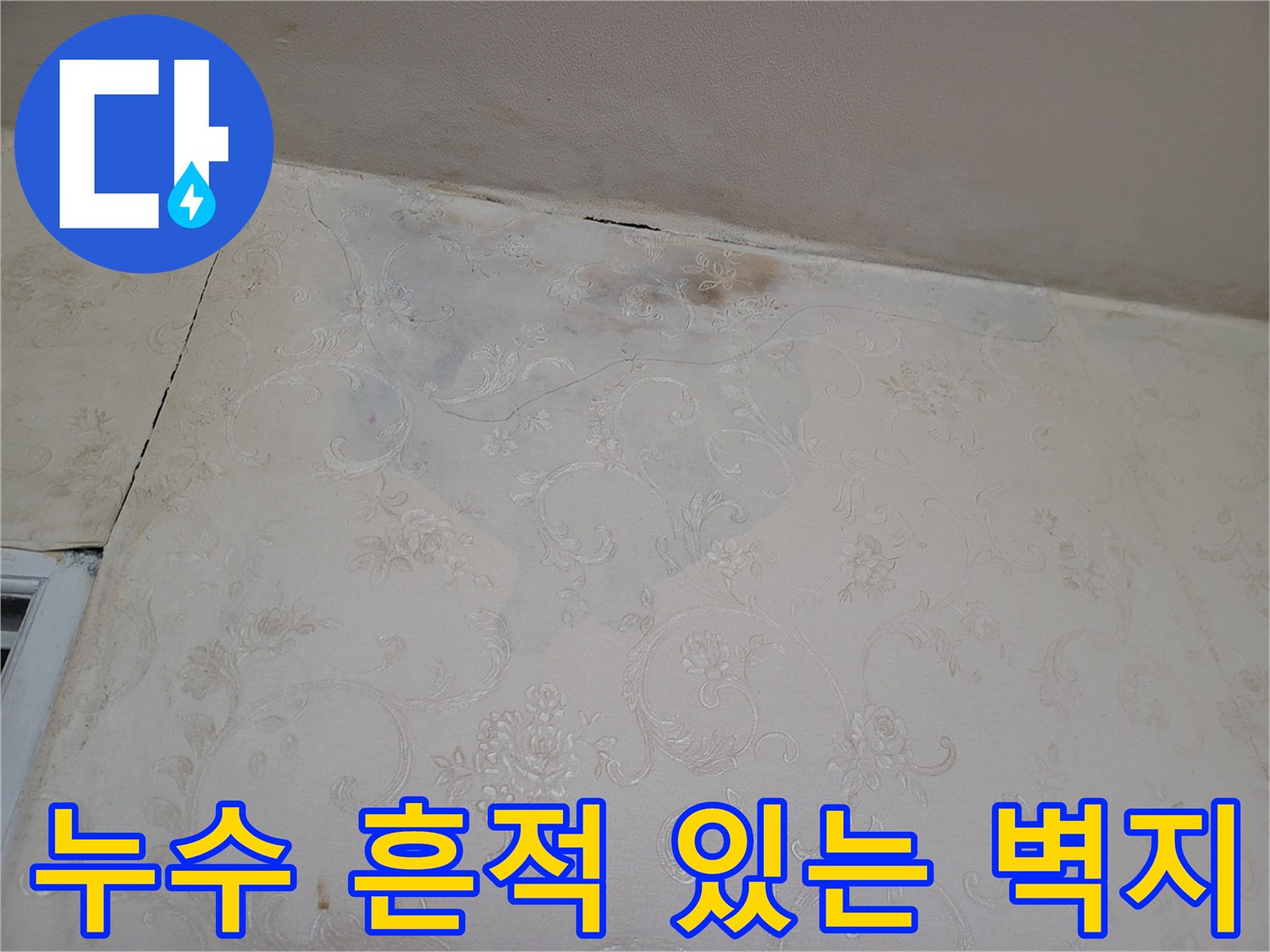 물에 젖어 색이 변한 천장 꽃무늬 패턴 부위