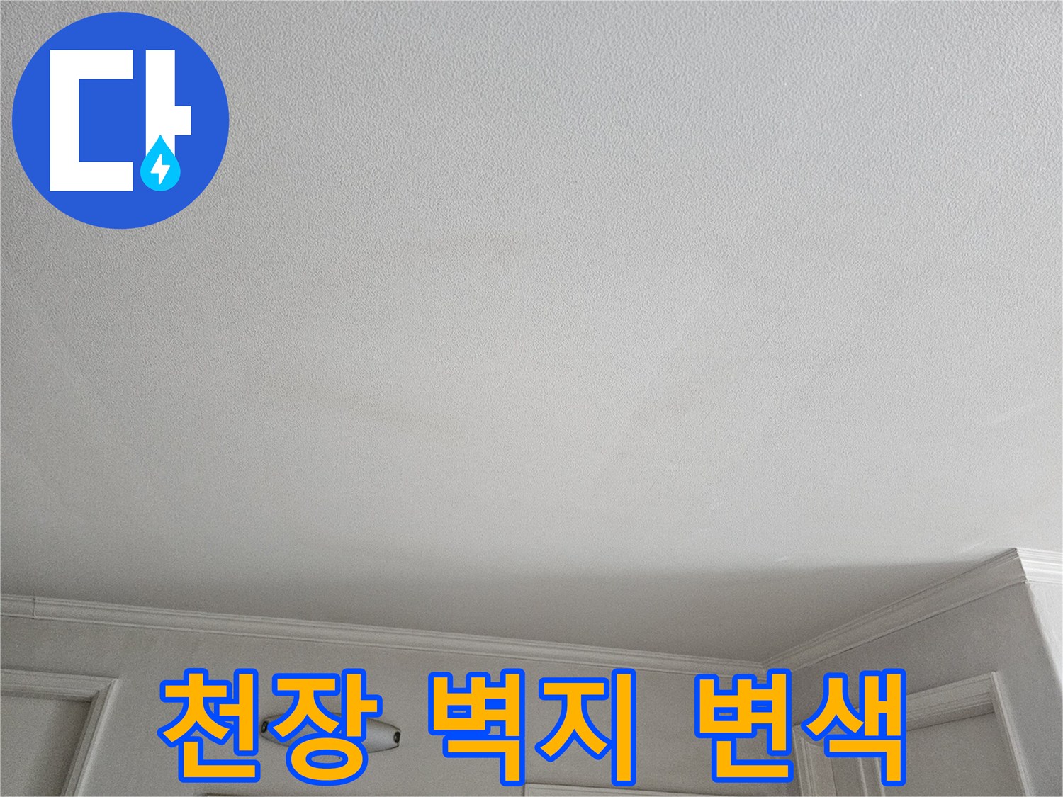 거실 천장 벽지가 습기로 인해 변색된 모습